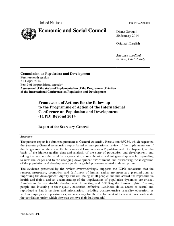 Summary of Framework of Actions for the follow-up to the Programme of Action of the International Conference on Population and Development (ICPD) Beyond 2014 