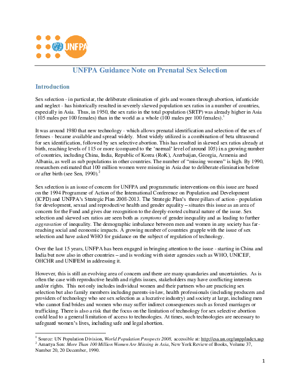 UNFPA Guidance Note on Prenatal Sex Selection