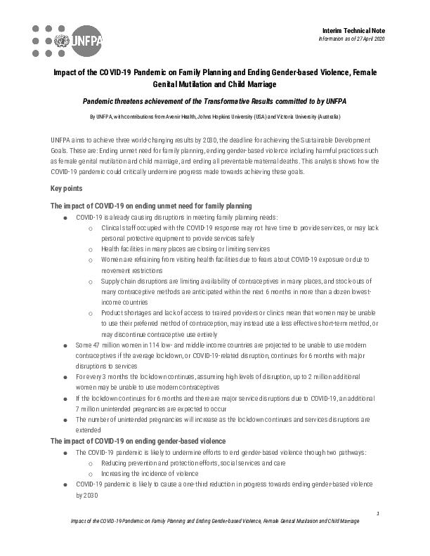 Impact of the COVID-19 Pandemic on Family Planning and Ending Gender-based Violence, Female Genital Mutilation and Child Marriage