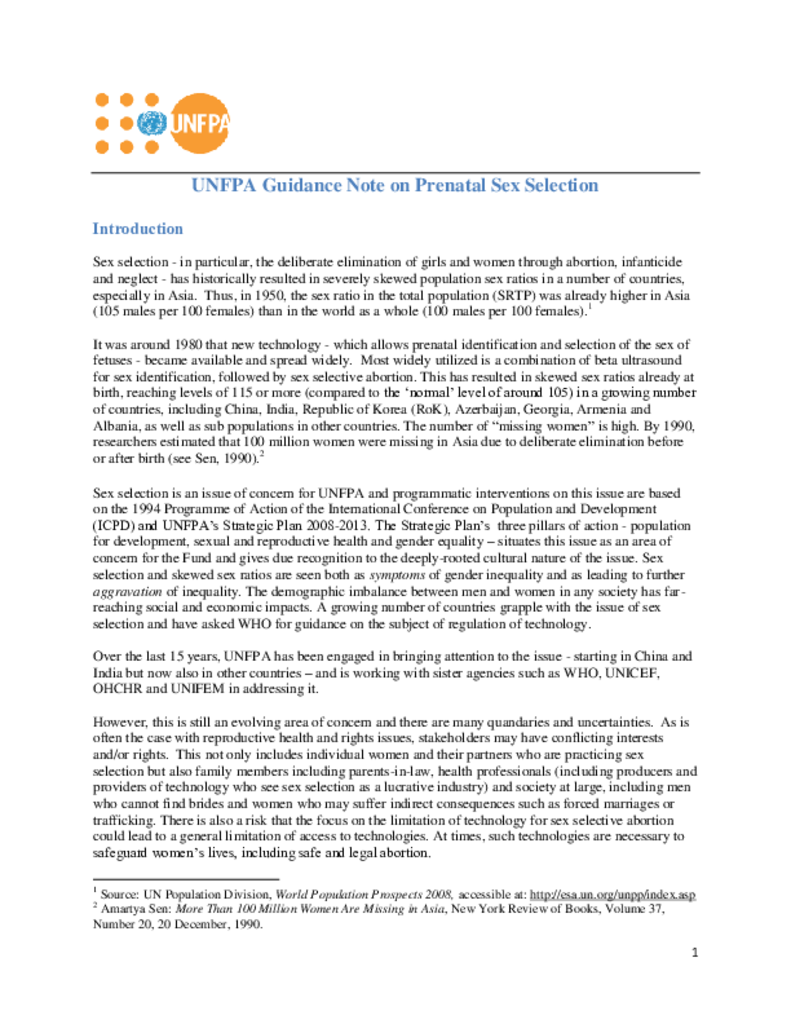 UNFPA Guidance Note on Prenatal Sex Selection