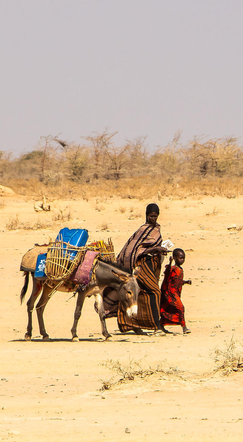 Two women walk in a desert.