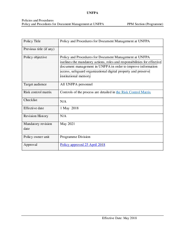 Policy and Procedures for Document Management at UNFPA