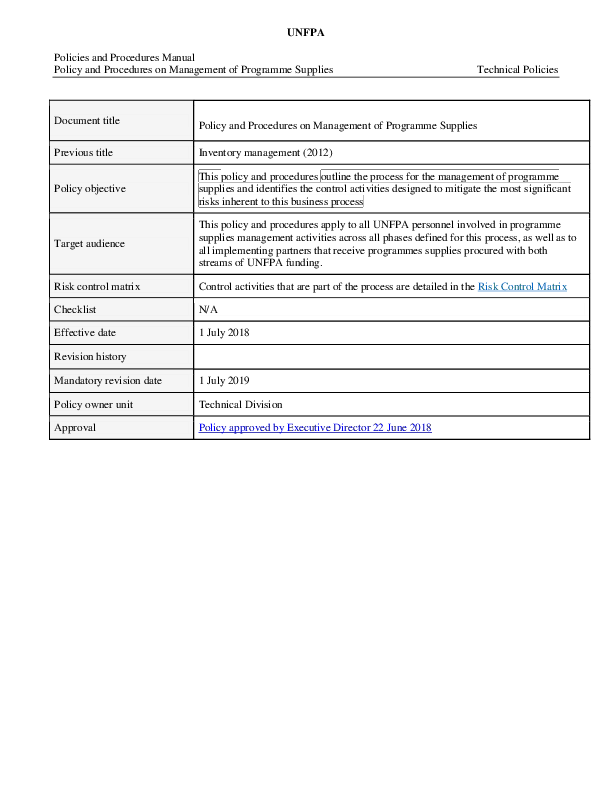 Policy and Procedures on Management of Programme Supplies