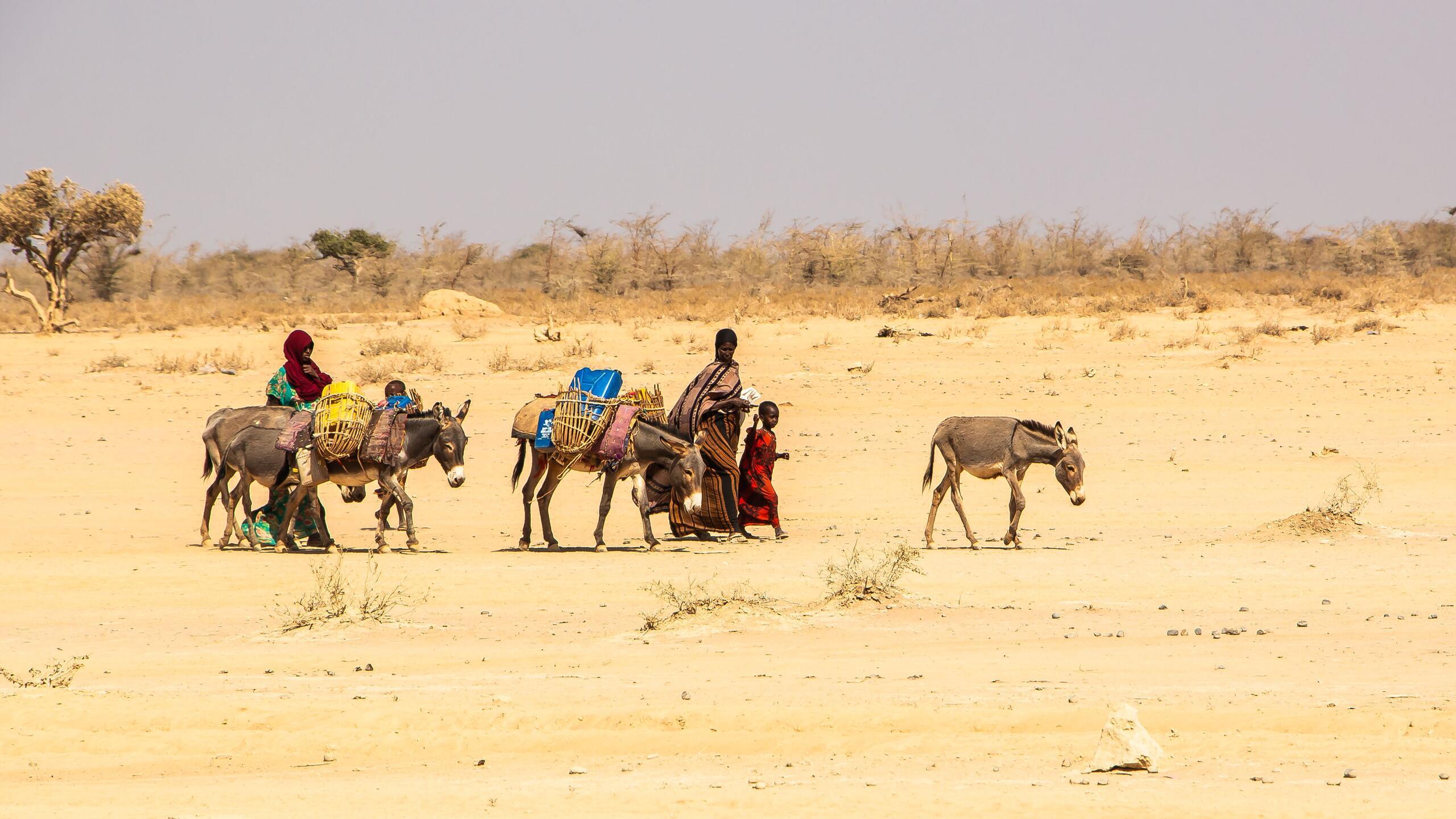 A family travels with their belongings.