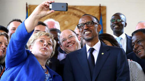 Participants in the MDG Advocates meeting, in Kigali, take a selfie. Included are (left-right) Norwegian Prime Minister Erna Solberg, Rwandan President Paul Kagame, and UNFPA Executive Director Dr. Babatunde Osotimehin. Photo credit: Paul Kagame/Flickr